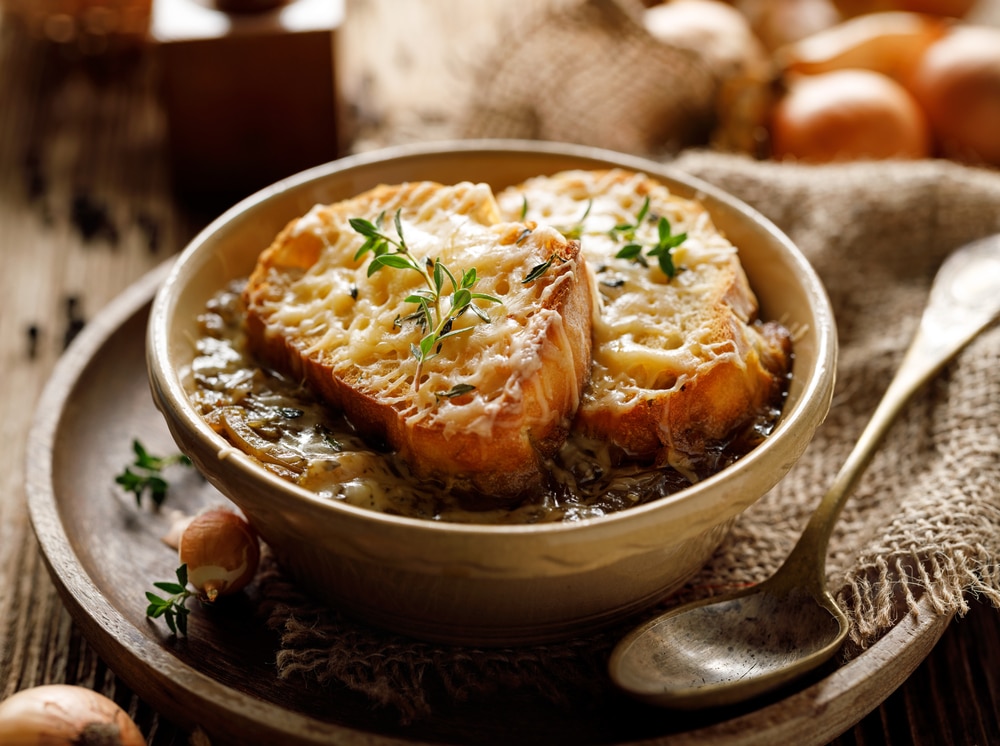 Classic French Onion Soup Baked With Cheese Croutons Sprinkled With