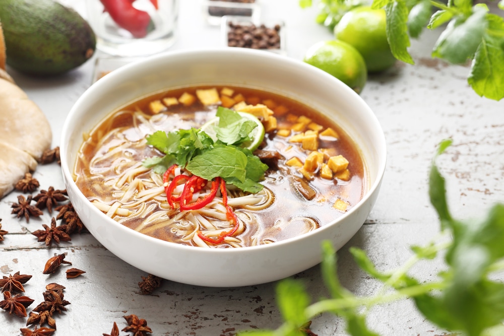 Spicy Pho Soup With Mint Coriander Tofu Caramelized Oyster Mushroom