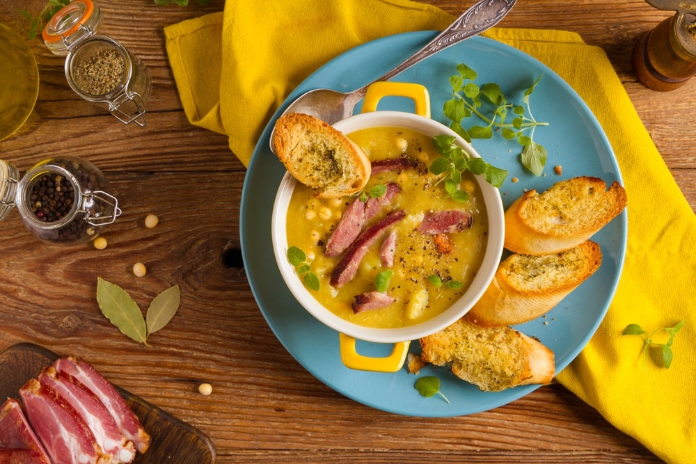 Traditional Polish Pea Soup Prepared With Smoked Meat Served In