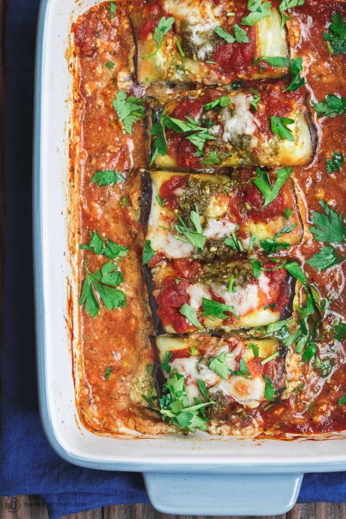 A top veiw of Eggplant Rollatini Vegetarian in a dish