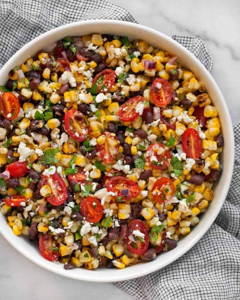 A top view of a Mexican Black Bean Grilled Corn Salad with Jalapeno Dressing