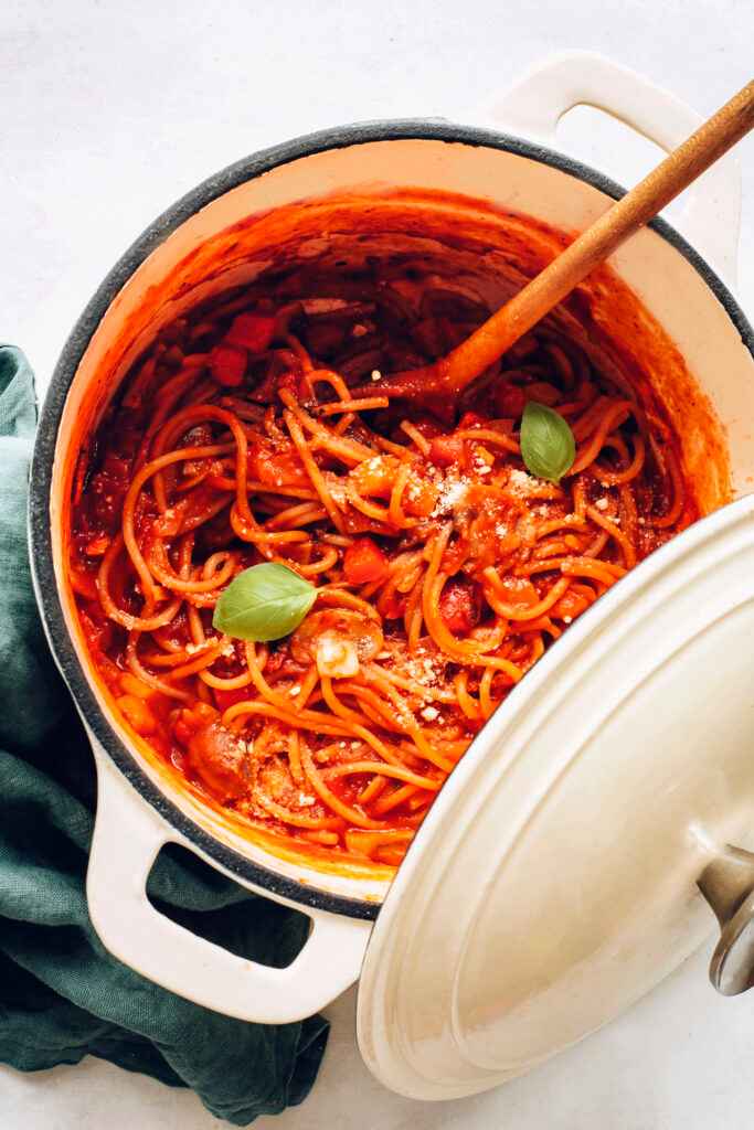 A top view of a vegetable spaghetti in a pot