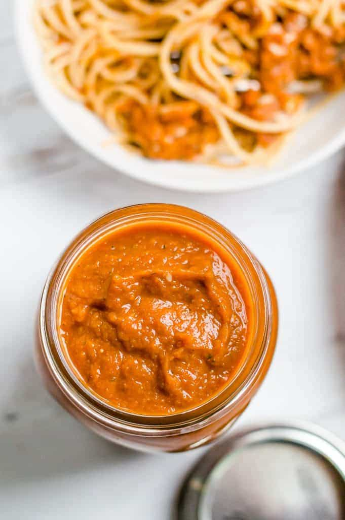 A top view of a veggie pasta sauce inside a container