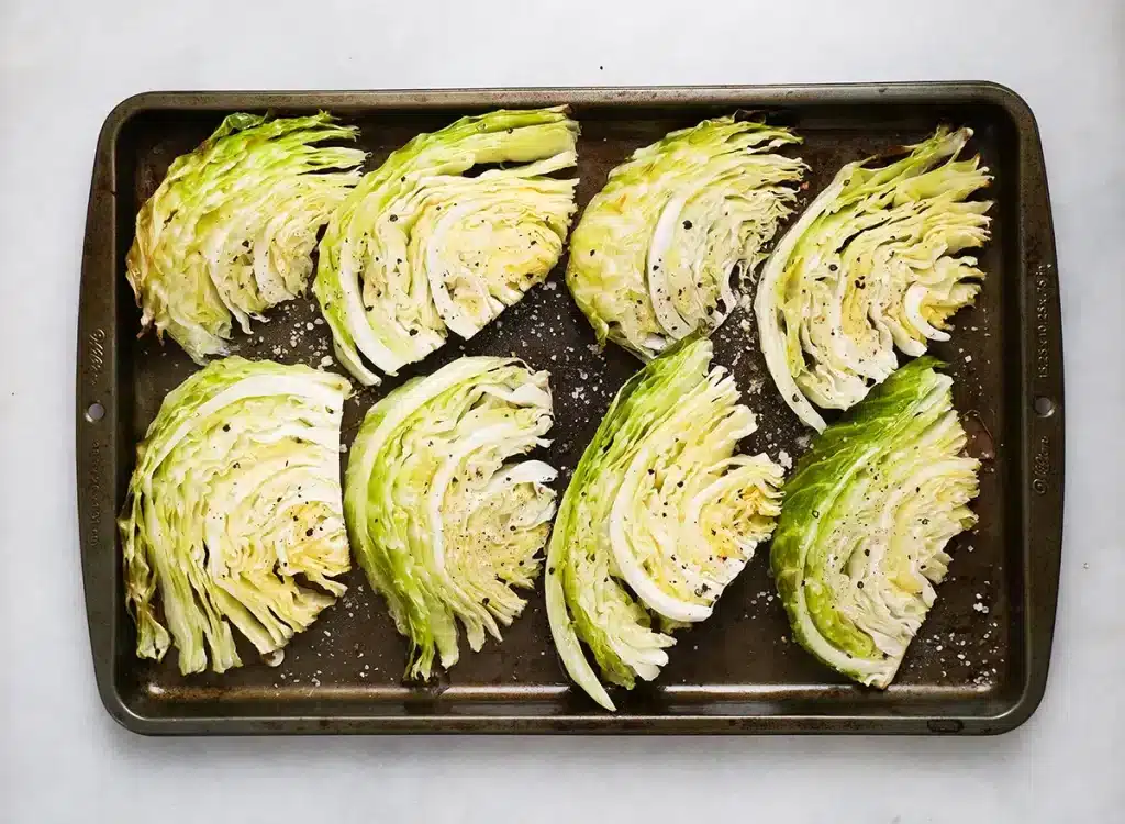 A top view of cabbage sliced and placed in a tray