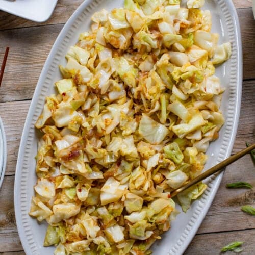 A top view of chopped sauteed garlicky cabbage