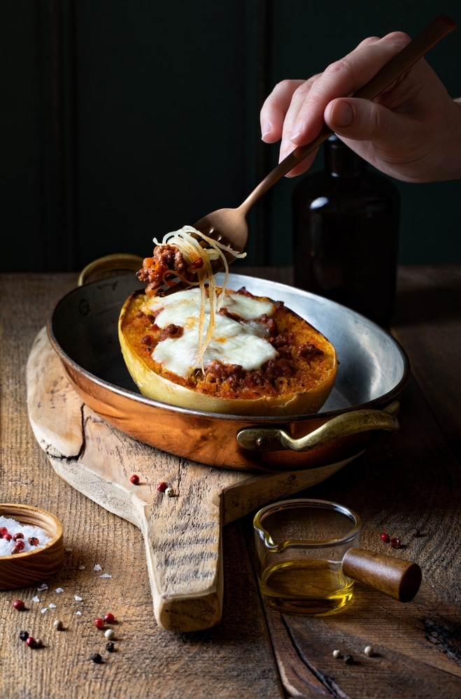 A view of a fork rolling in spaghetti squash