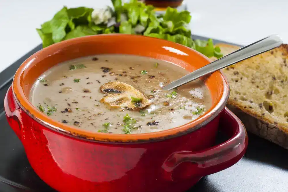 A view of a mushroom soup in a red soup bowl with a spoon inside and cilantro garnish