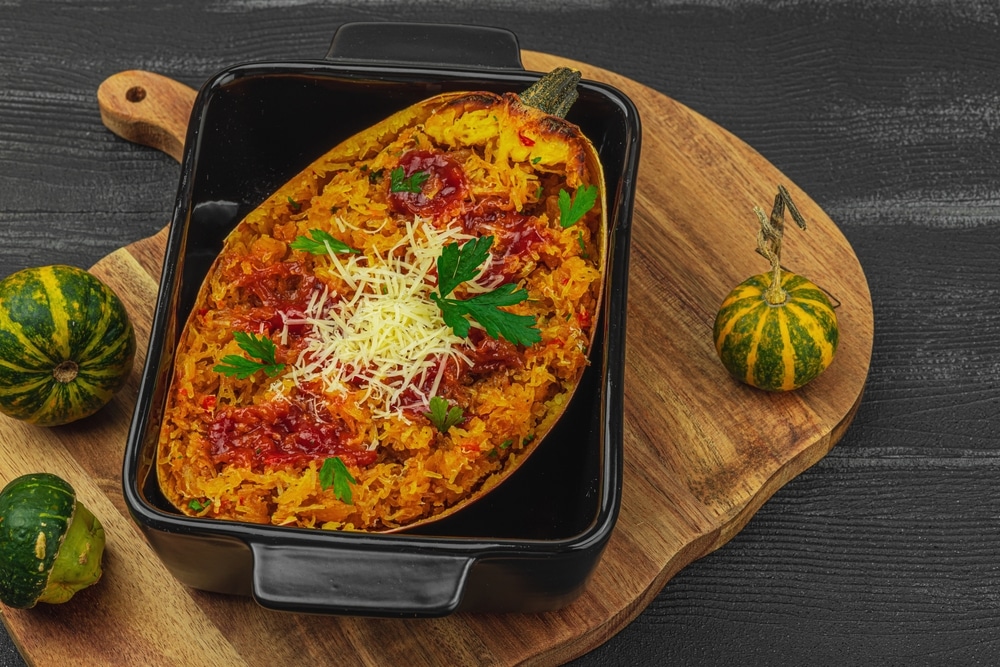 A view of baked vegetarian spaghetti squash