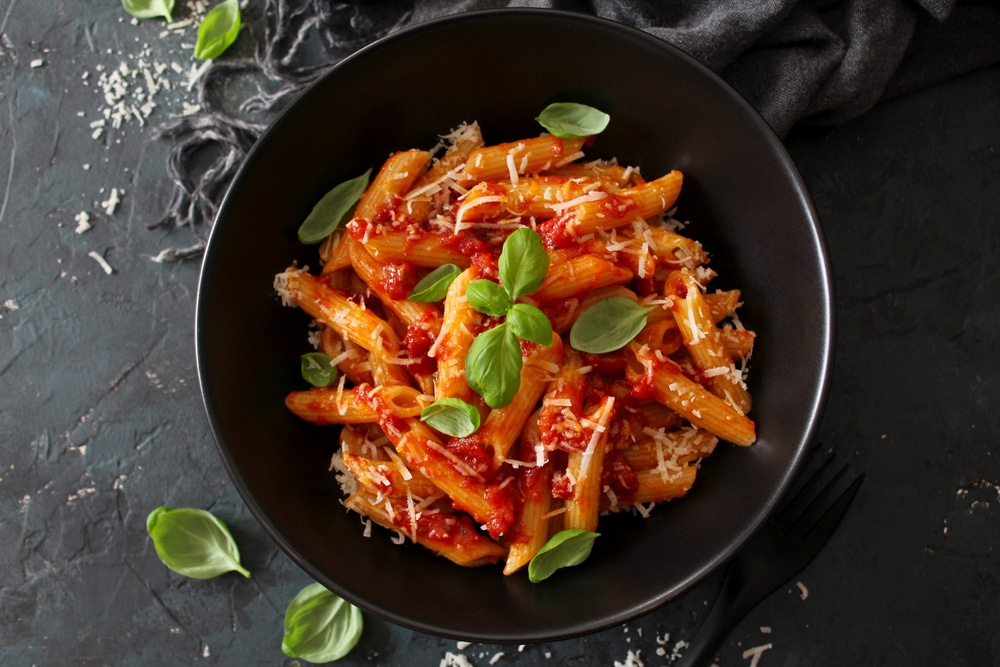 An overhead view of the penne pasta with vegetarian sauce