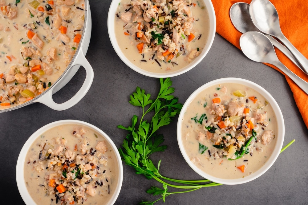 Bowls Of Chicken And Wild Rice Soup: Overhead View Of