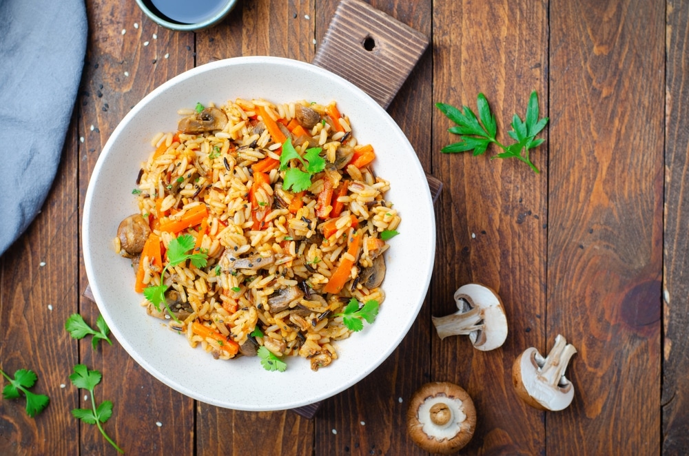 Wild Rice With Mushrooms Asian Style Vegetarian Meal In A