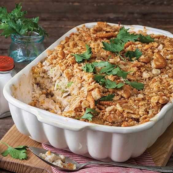 chicken and wild rice casserole in a baking dish