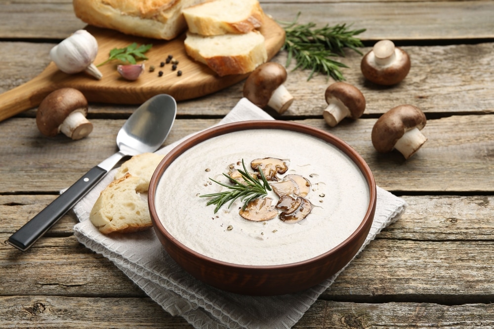 A view of a mushroom soup dished out in a bowl