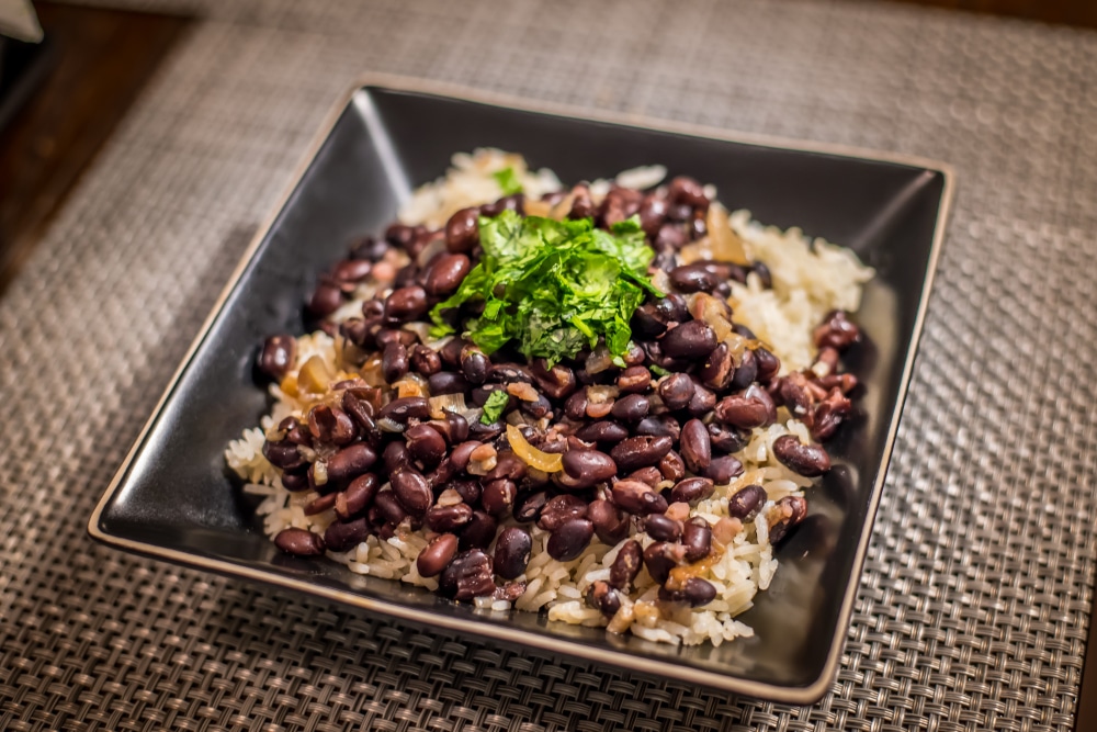 A view of a plate of rice and black beans