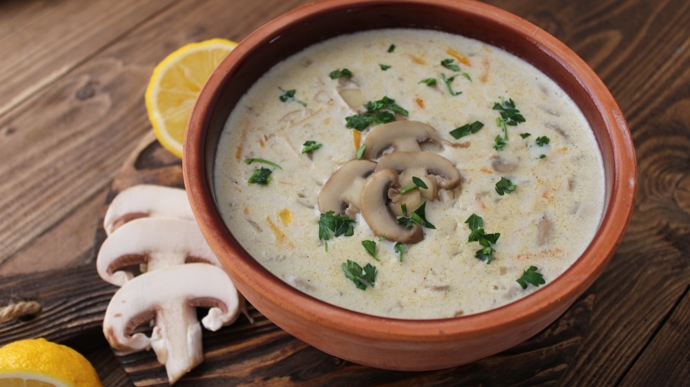 A view of mushroom soup inside a bowl