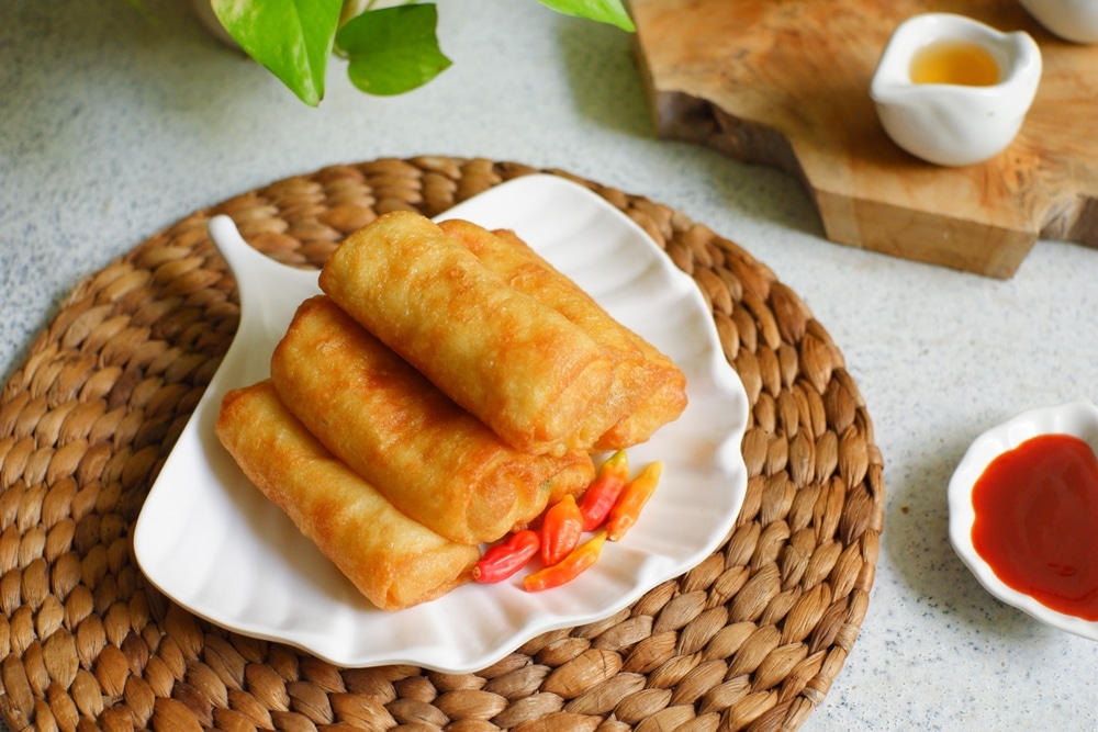 A view of veggie egg rolls dished out