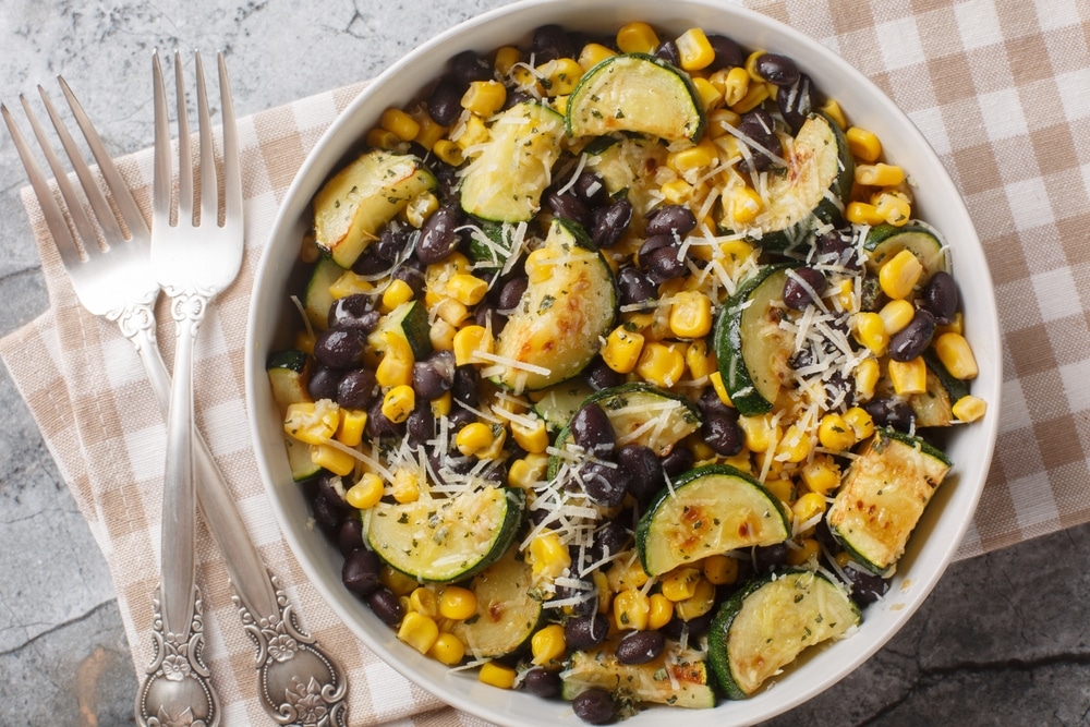 An overhead view of a vegan black bean salad