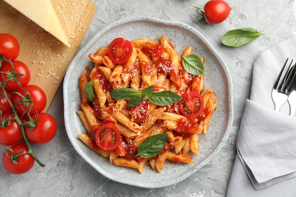 An overhead view of a veggie italian pasta