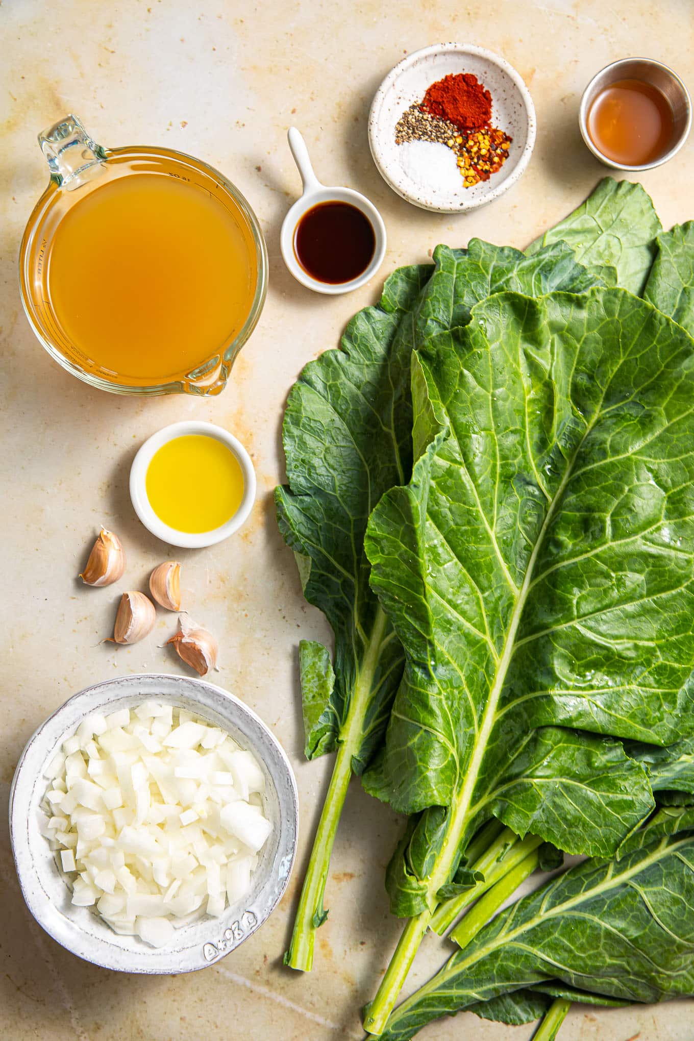 A top view of ingredients of collard greens vegetarian recipe