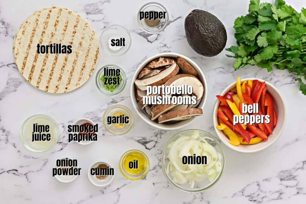 A top view of a recipe ingredients for vegetable fajita labeled