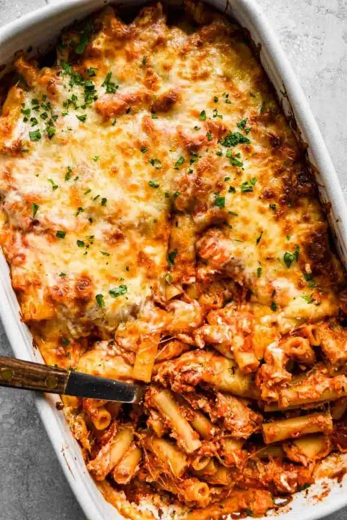 A top view of a baked ziti