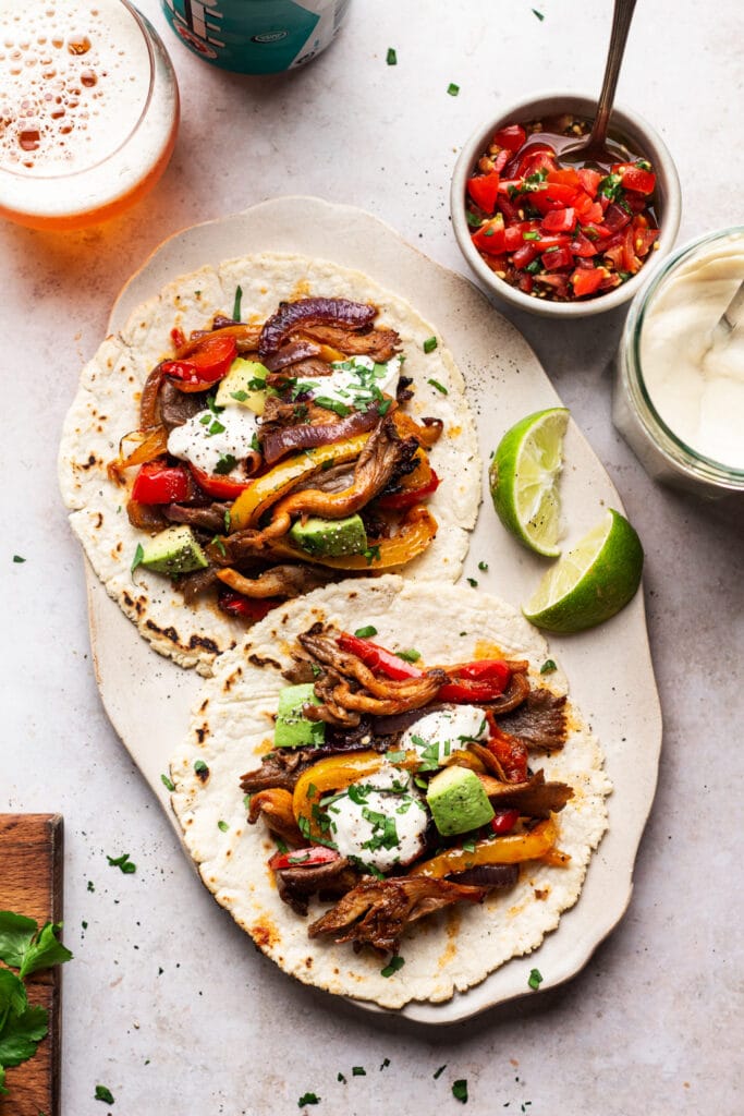 A top view of a fajita inside a tortilla wrap