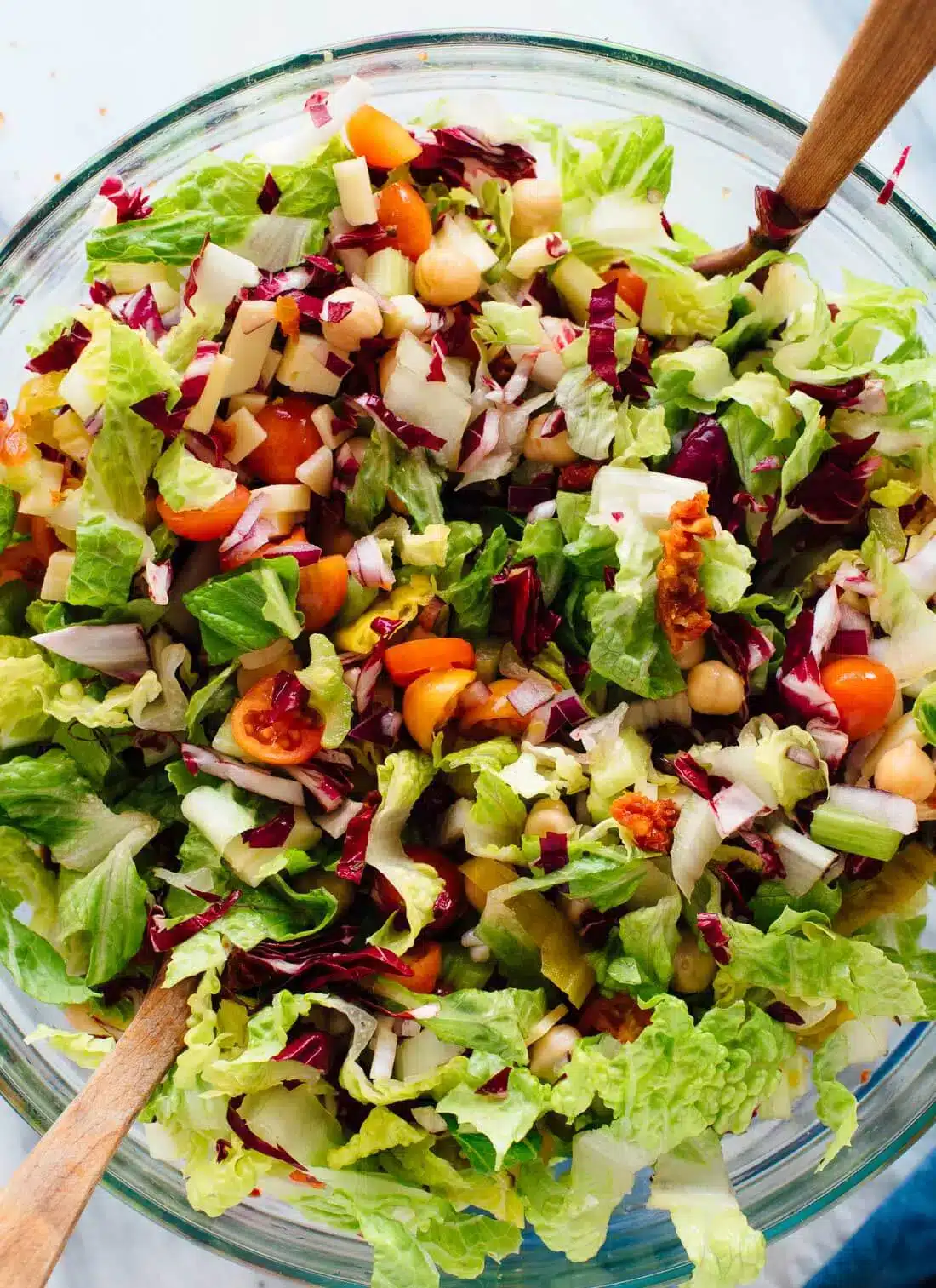 A top view of a veggie salad inisde a bowl