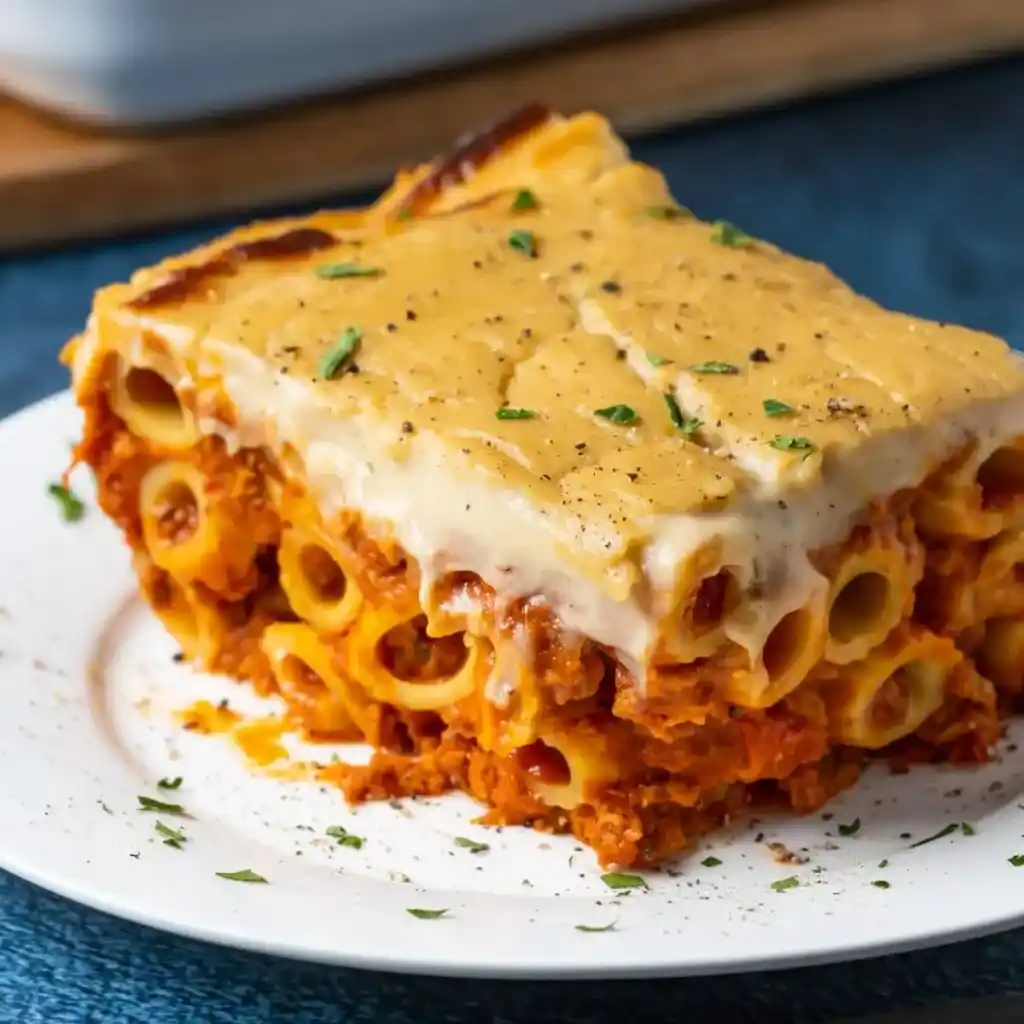 A view of a slice of baked creamy ziti pasta