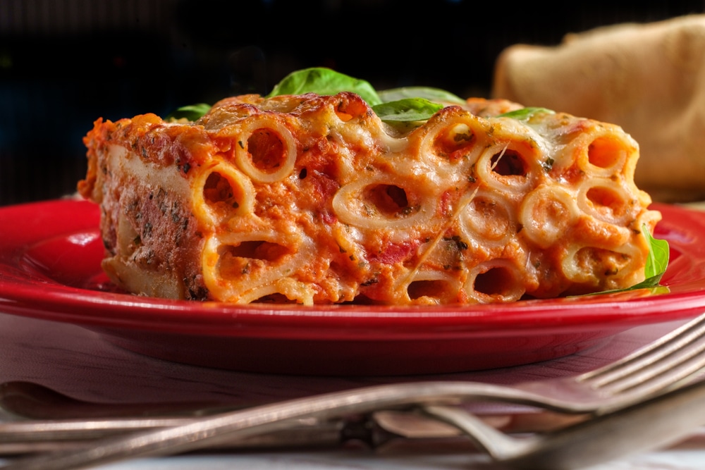 A view of baked ziti sliced