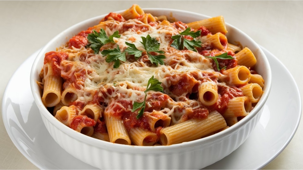 A view of baked ziti with cheese on top