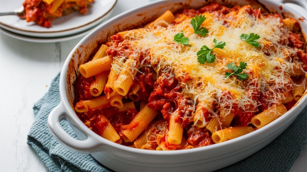 A view of baked ziti with tomato sauce