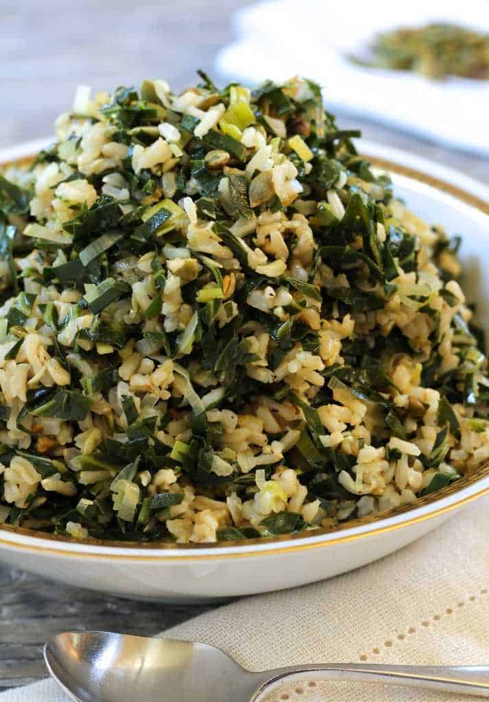 A view of collard greens with rice