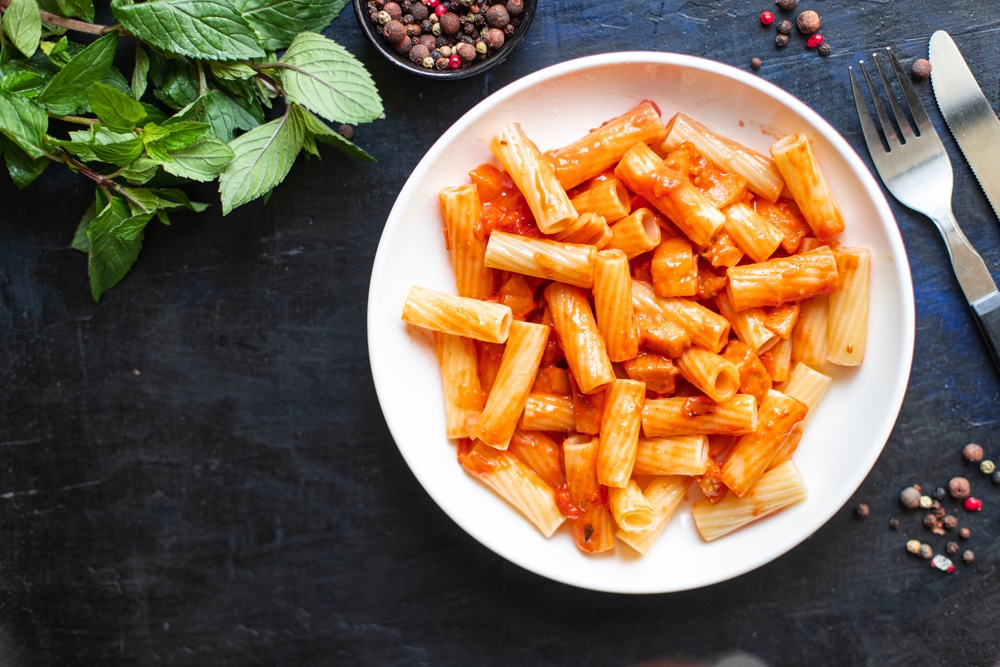 An overhead view of a baked ziti pasta