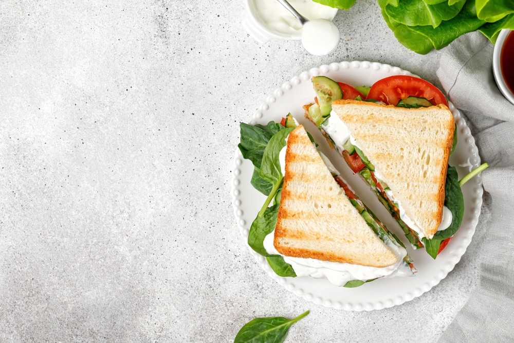 An overhead view of a veggie sandwich