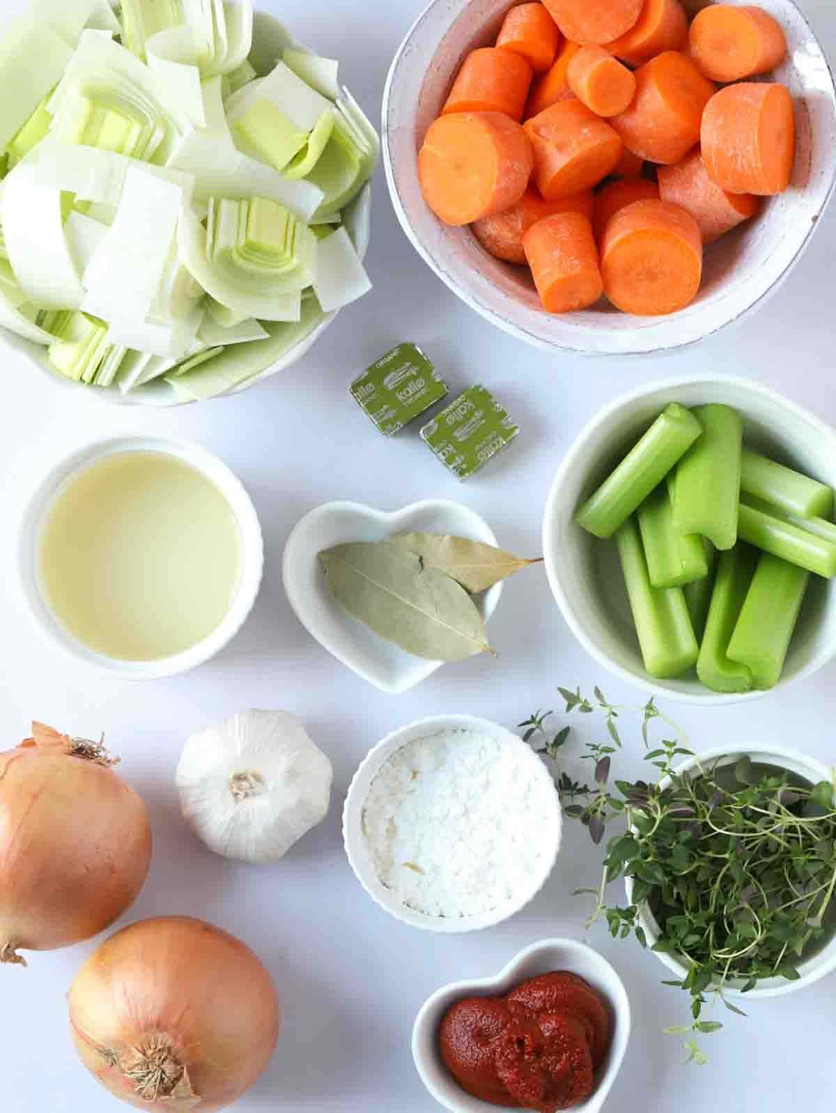 An overhead view of some veggies as ingredients for gravy recipe