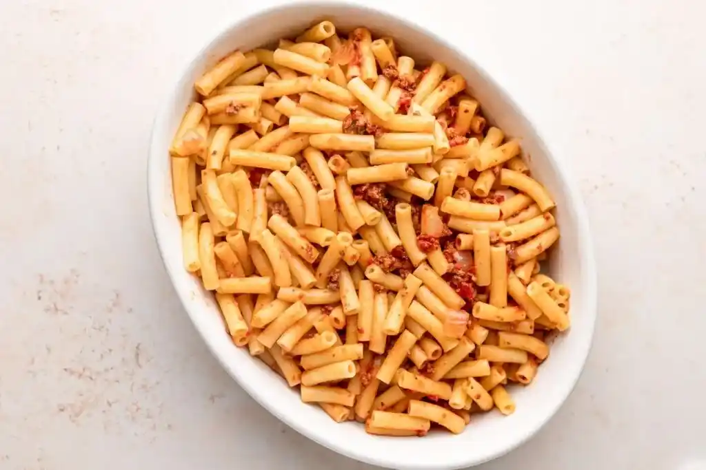 An overhead view of ziti inside a bowl