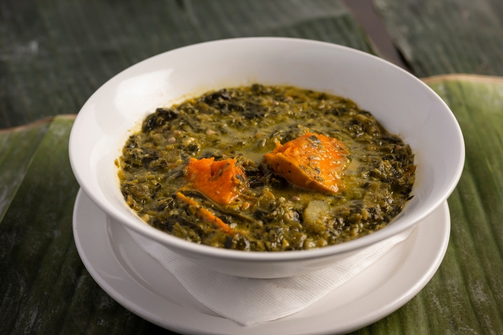 A view Jamaican Callaloo in a white bowl