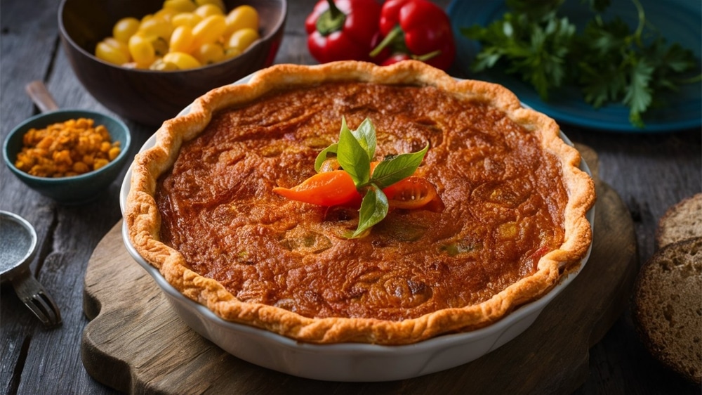 A view of a baked quiche with veggie garnish