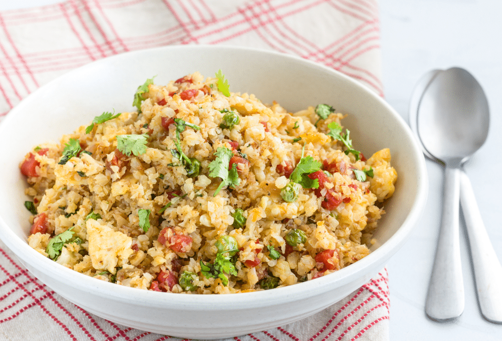 A view of a bowl of stir fry cauliflower rice