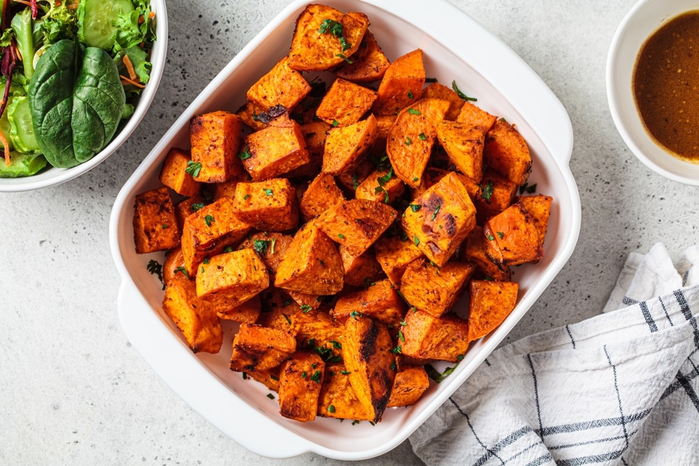 A top view of baked sweet potatoes