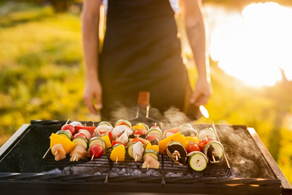 A view of smoked veggies on a skewer