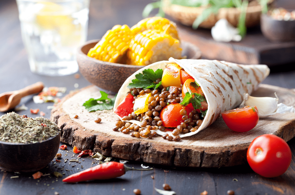 A view of spanish vegan tortilla wraps with tomatoes