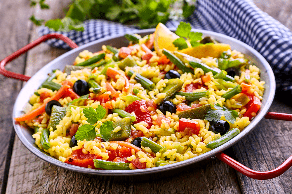 A view of a paella inside a dish