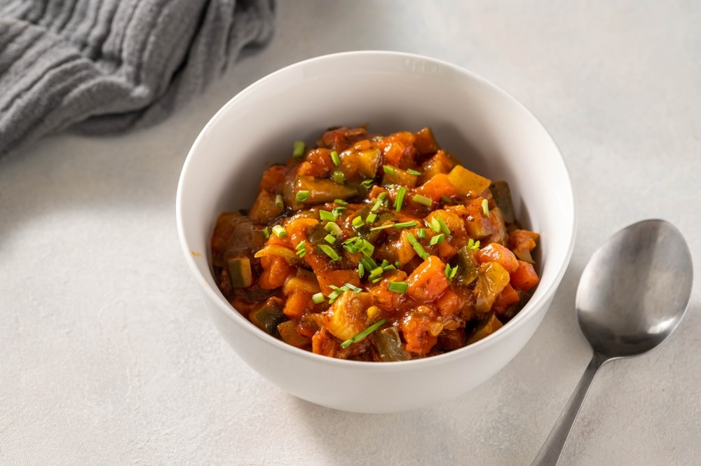 A view of a bowl of vegetable stew