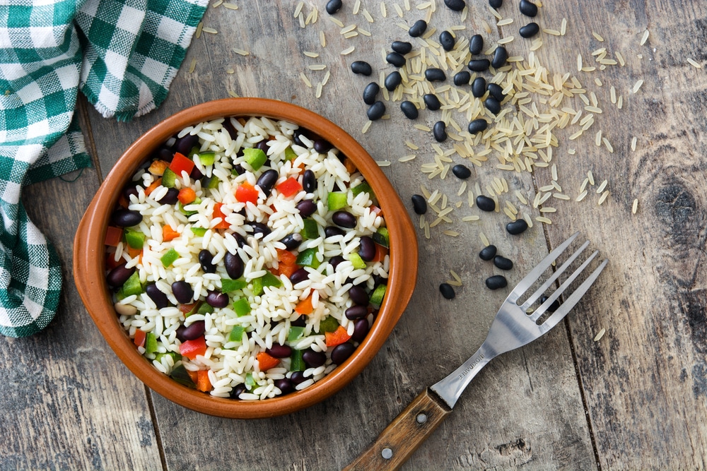 An overhead view of rice and beans cuban dish